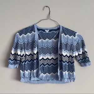 Great Condition OVS Cardigan Crop 3/4 Sleeve Blue White Chevron Print Knit Women